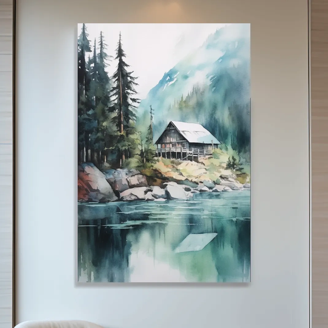 Watercolour painting of a cabin by a lake