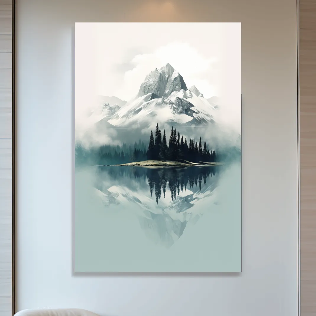Misty Alpine Mountain Lake Reflection - Minimalist Watercolor Landscape Wall Art