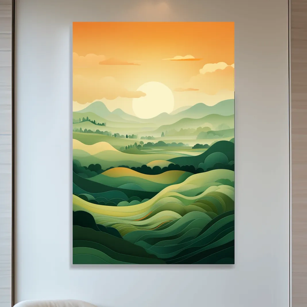 Illustration of rolling green hills at sunset