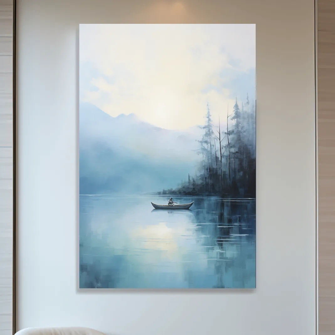 Misty Turquoise Mountain Lake Canoe Painting - Serene Forest Landscape Wall Art