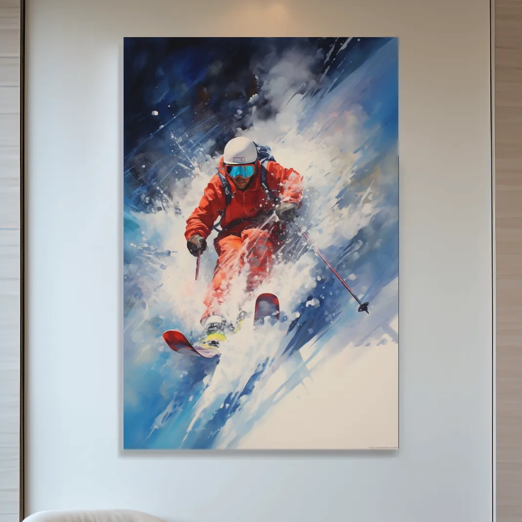 Dynamic painting of a skier exploding in powder