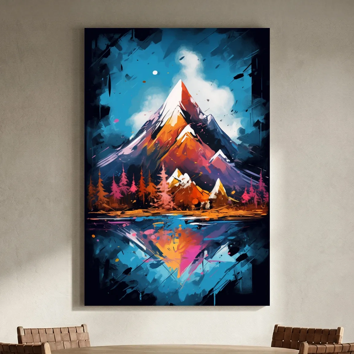 Vibrant Abstract Alpine Lake Painting - Colorful Mountain Forest Wall Art