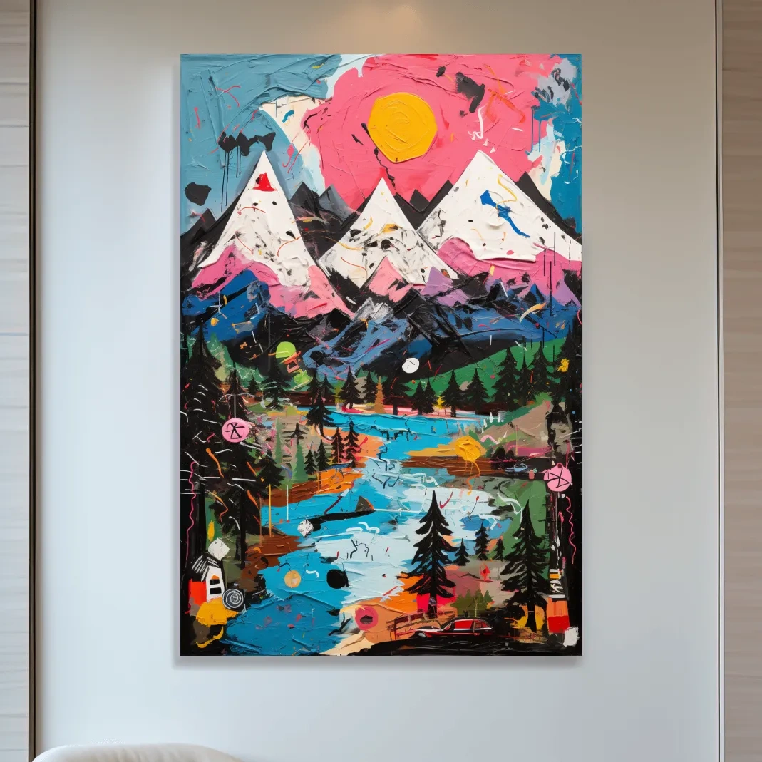 Vibrant Abstract Mountain Lake Sunset Painting - Colorful Modern Landscape Wall Art
