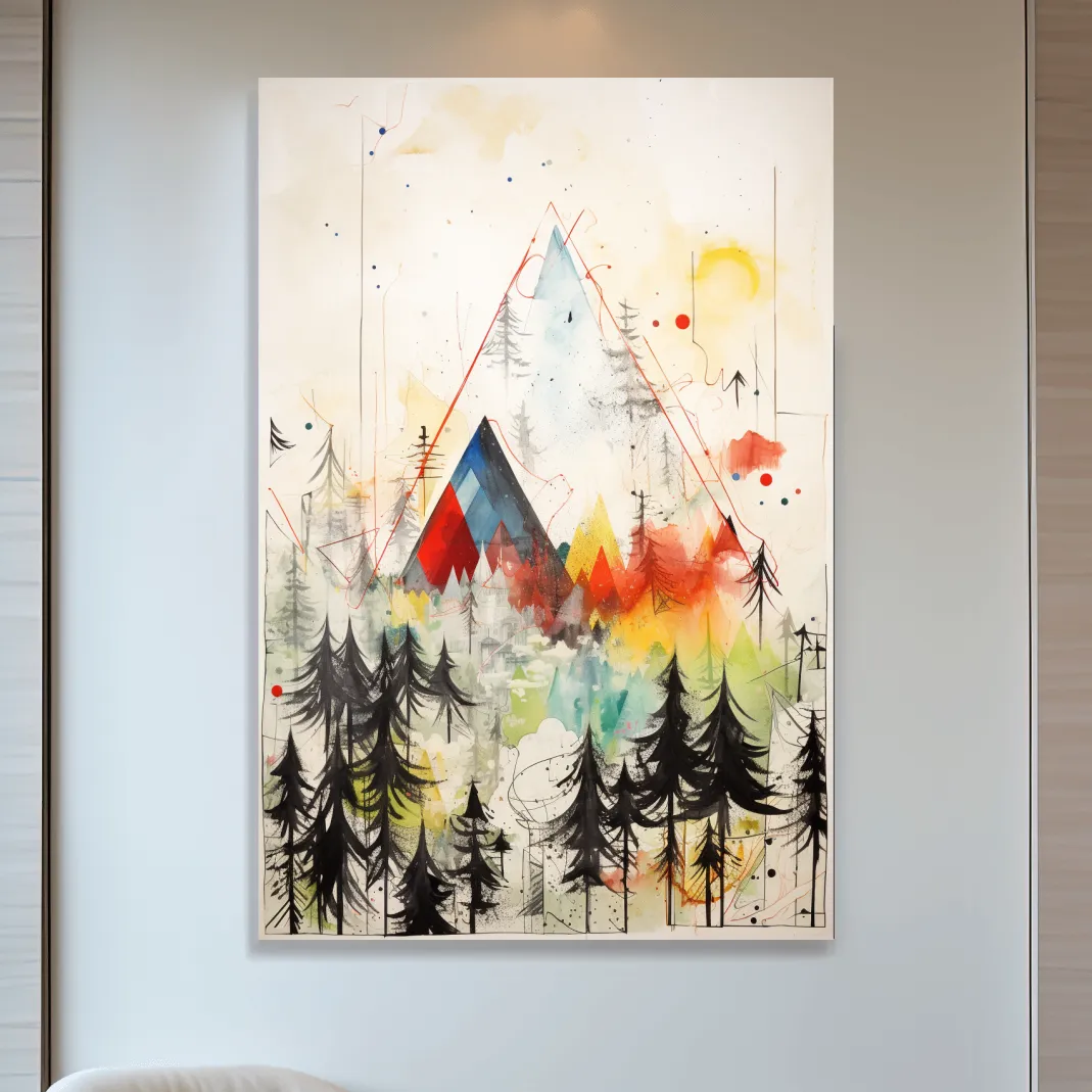 Simple low colour abstract painting, mountains and trees