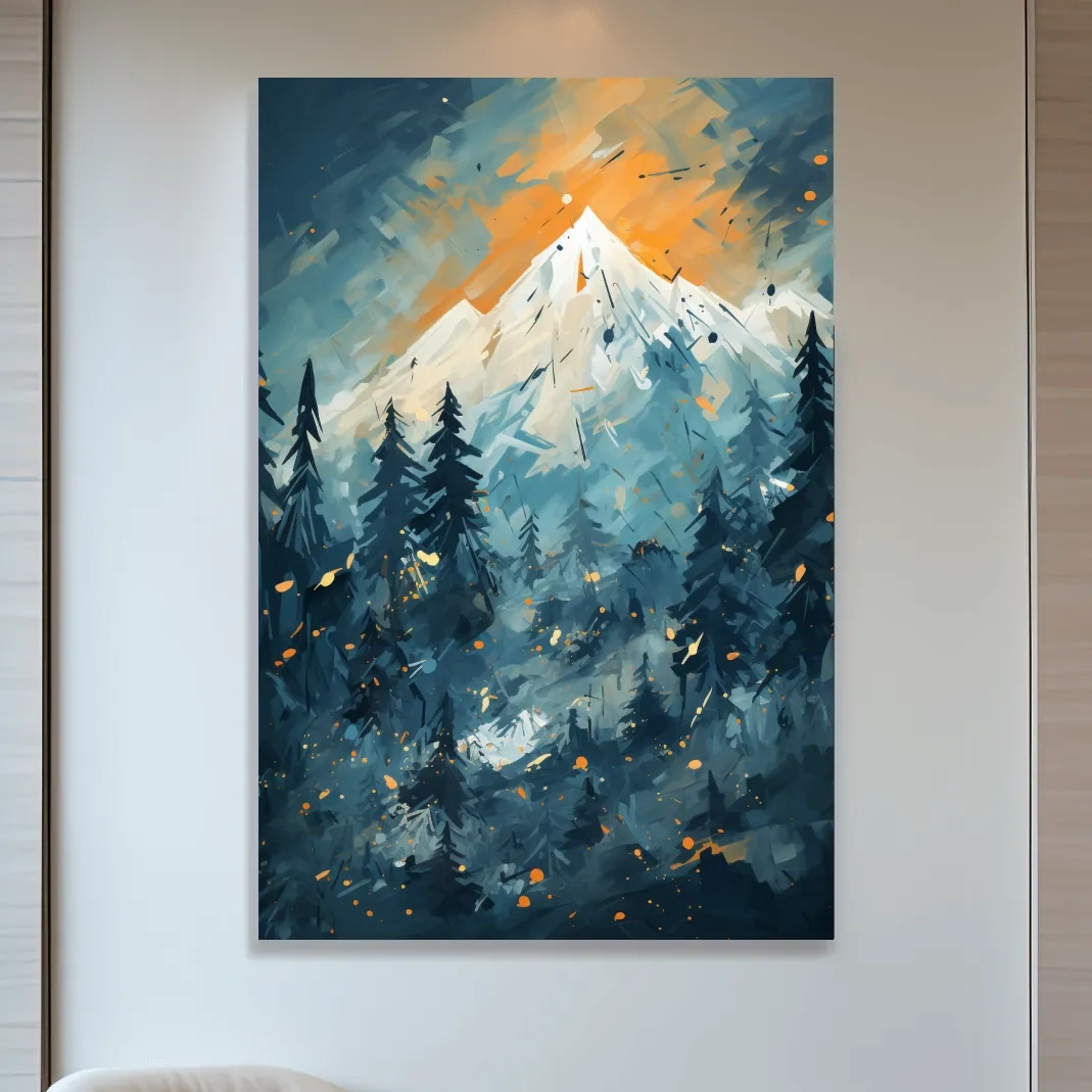 Abstract Snowy Mountain Peak Sunset - Moody Pine Forest Painting Wall Art