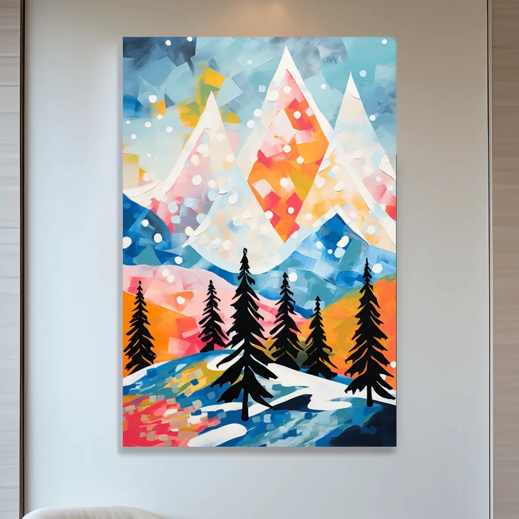 Simple colourful abstract painting of a snowy mountain scene