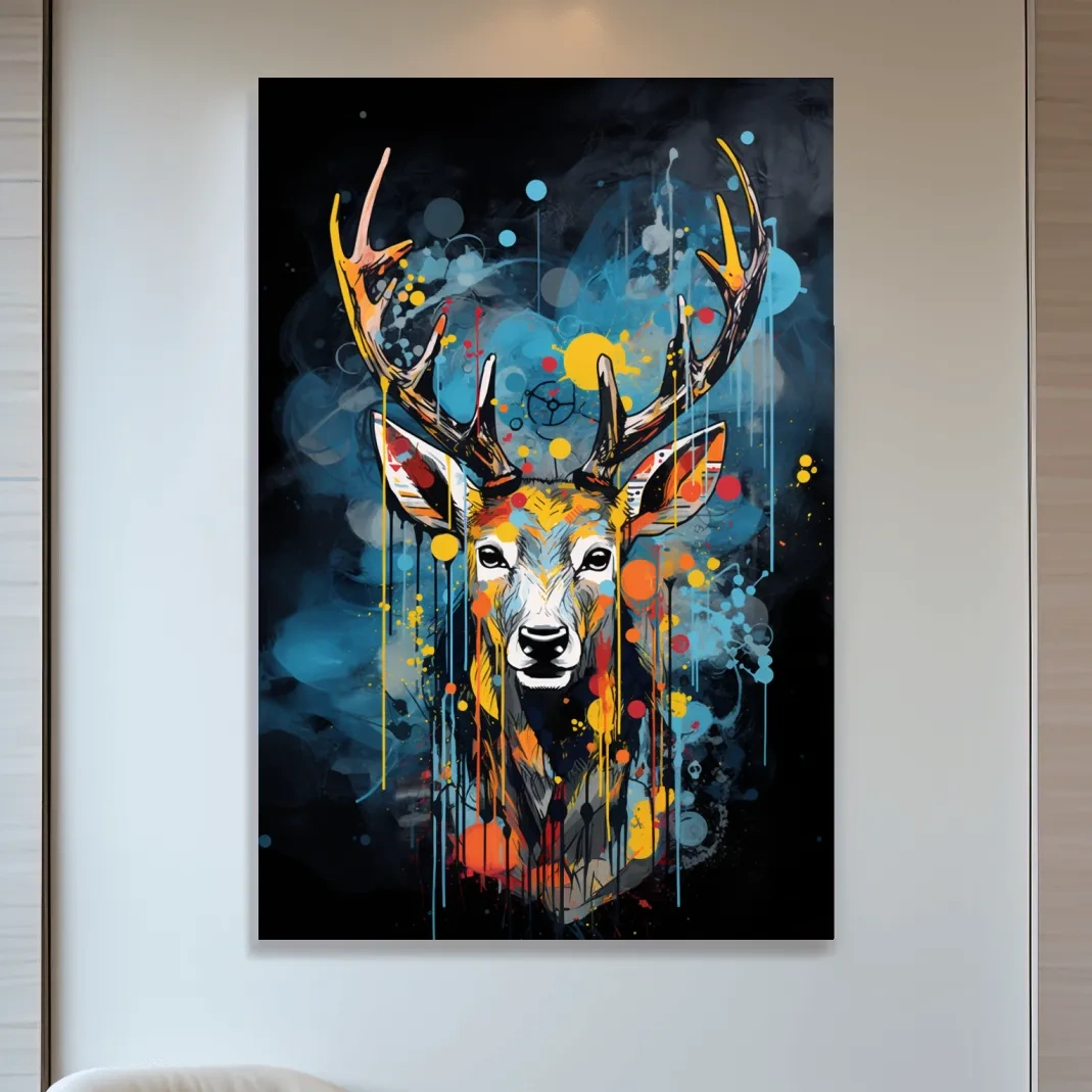 Deer head painting in a graffiti dripping style