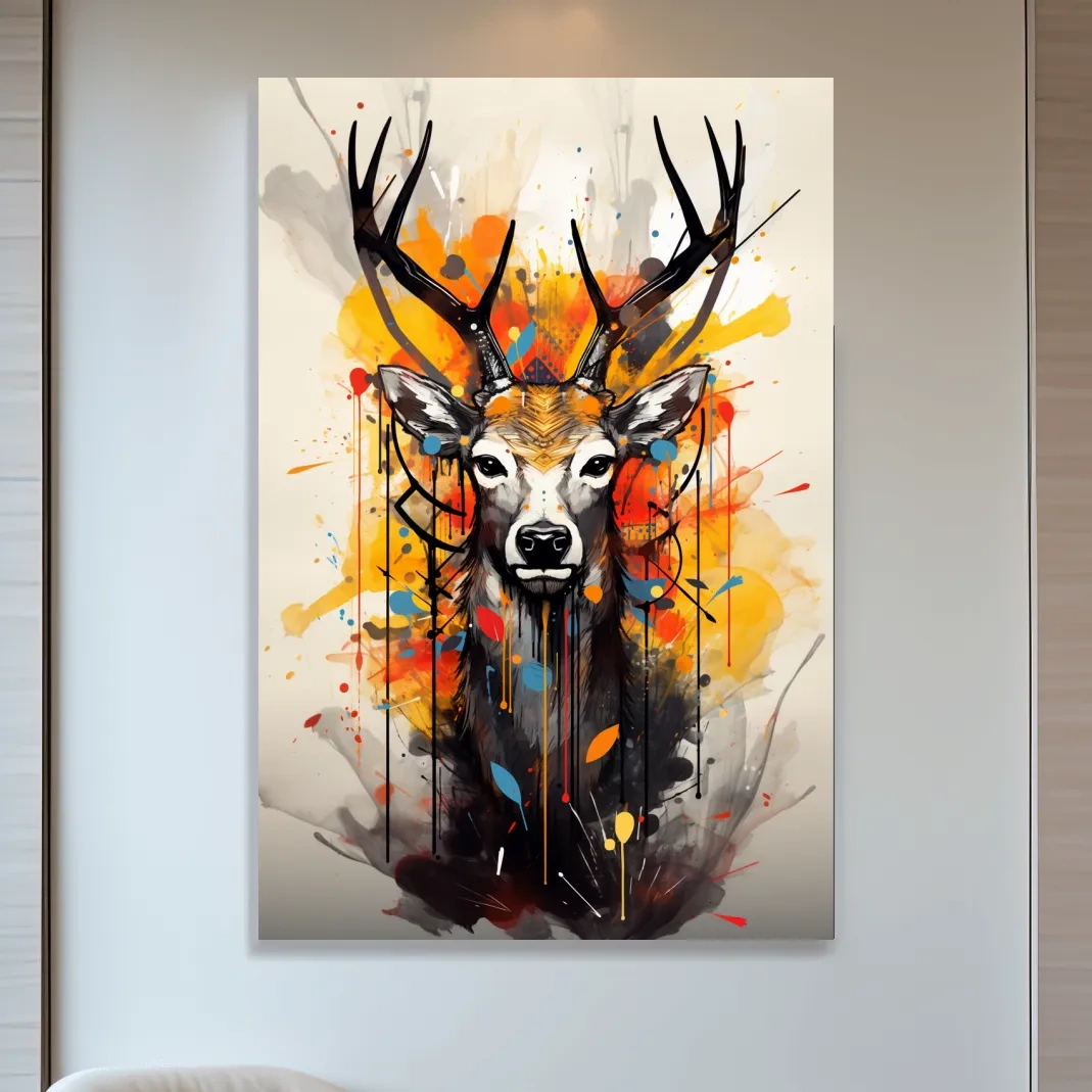 Abstract splattered painting of a deers head
