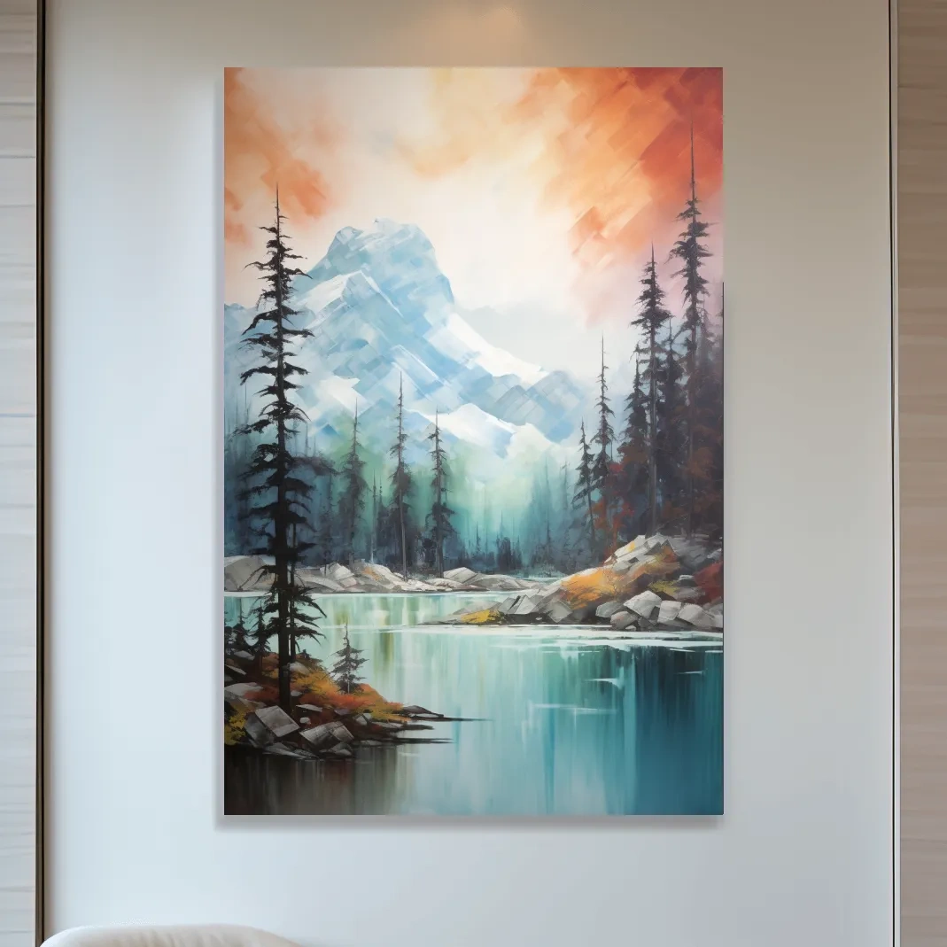 Beautiful mountain painting, turquoise lake in the alpine at sunset