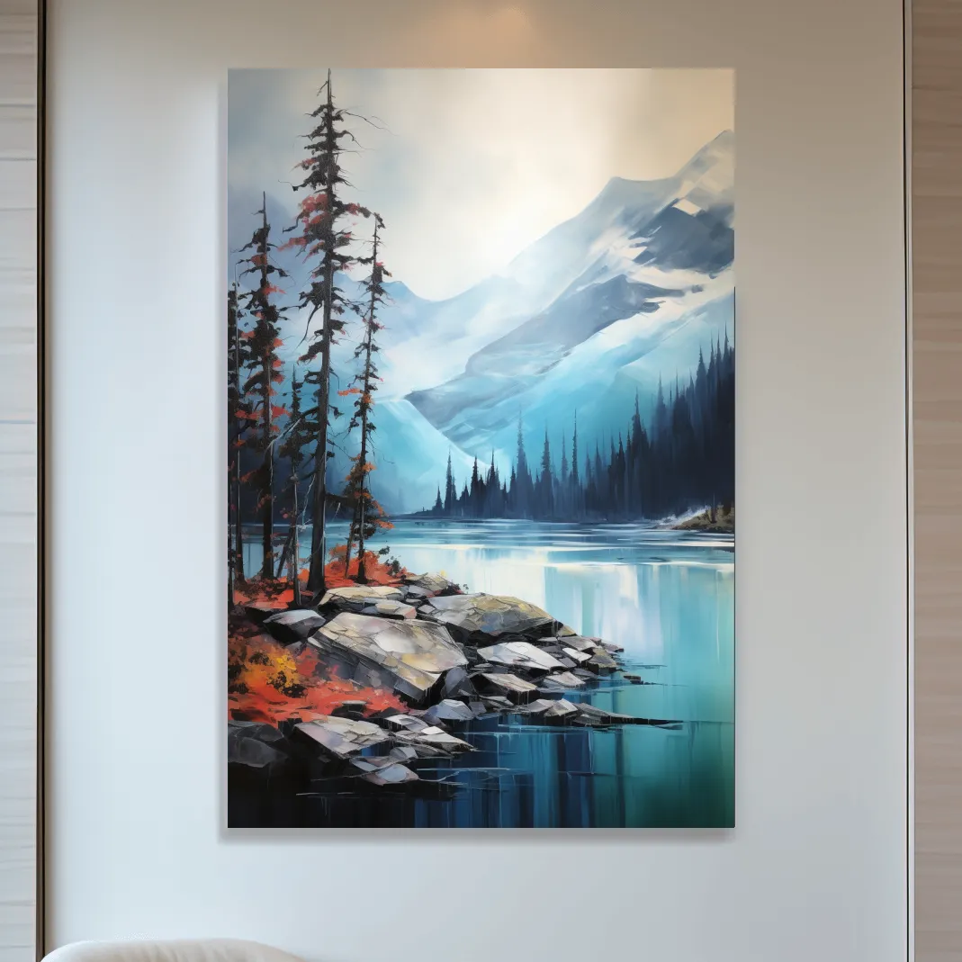 Serene painting, trees on a torquoise alpine lake