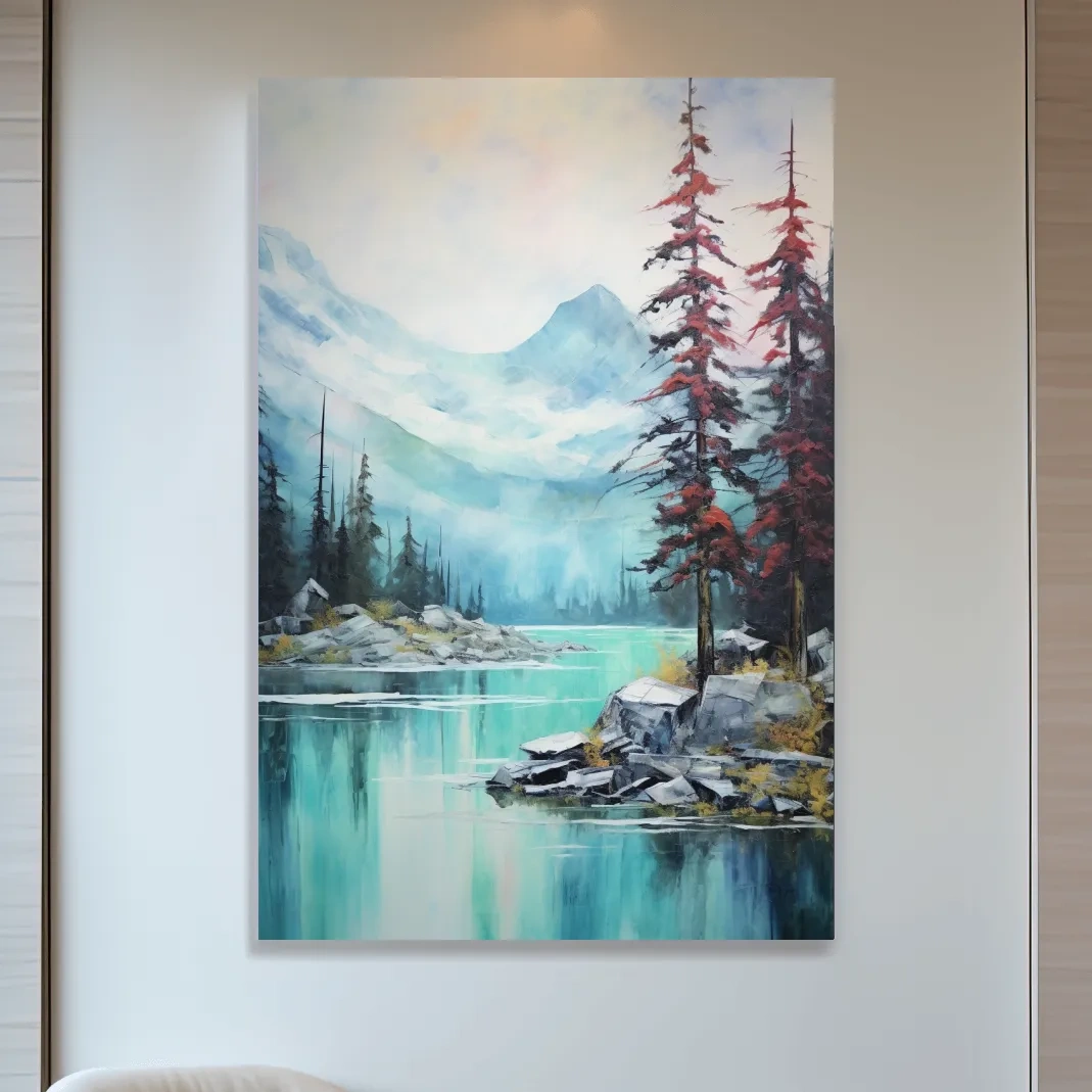 Mountain scenery painting, a turquoise alpine lake