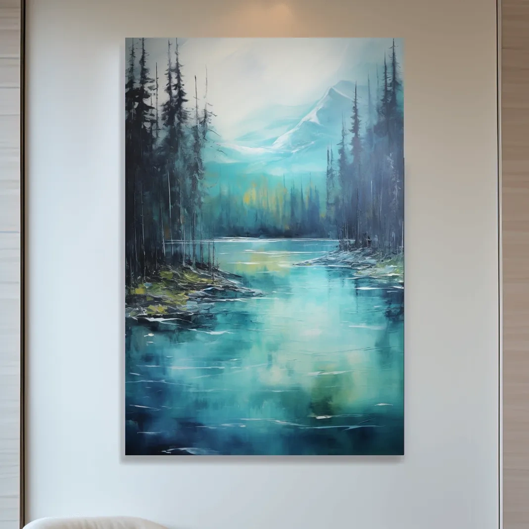 Thick oil painting, trees on a torquoise alpine lake