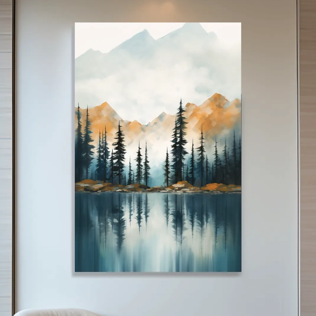 Misty Watercolor Mountain Lake Reflection - Serene Pine Forest Landscape Wall Art