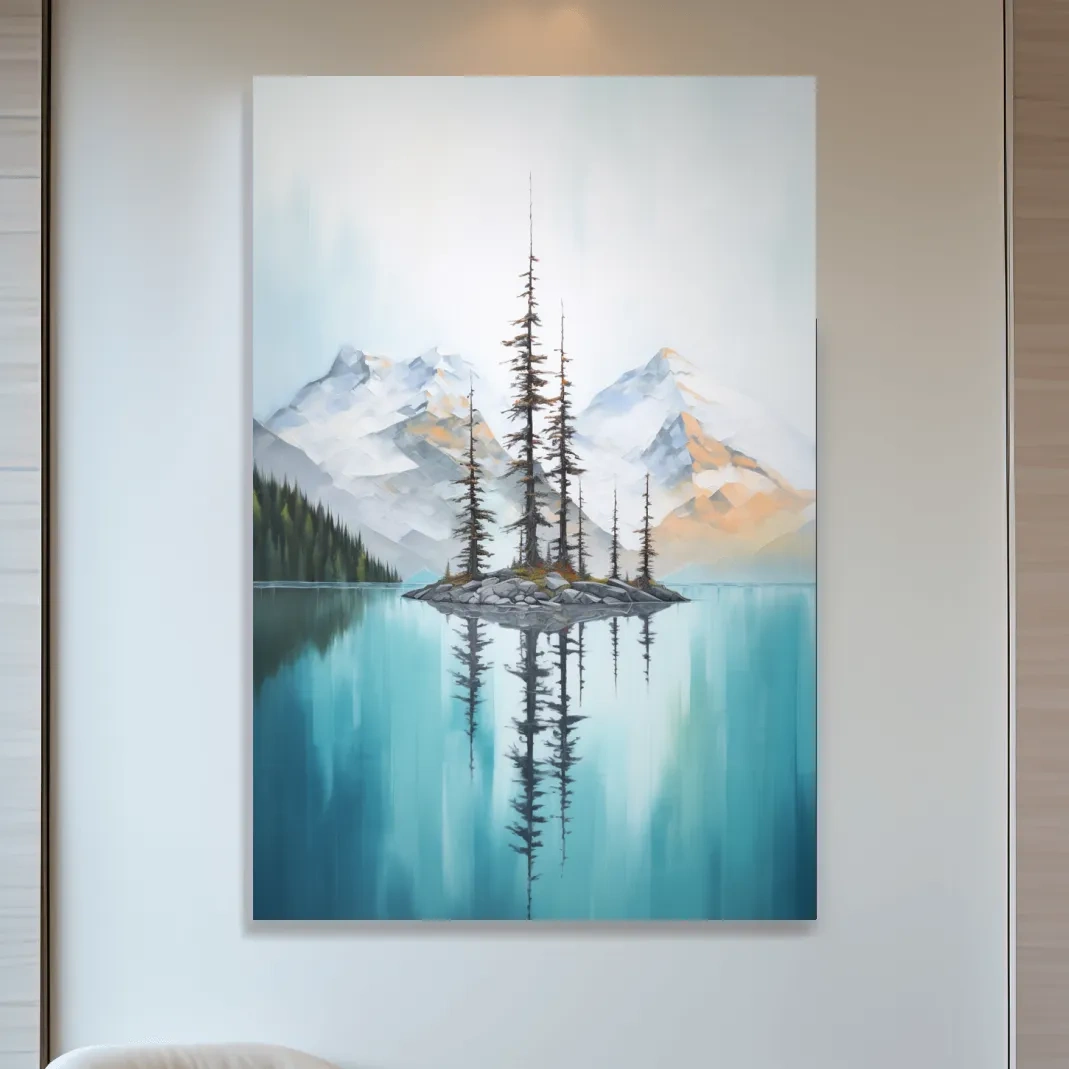 Painting of trees in a turquoise alpine lake