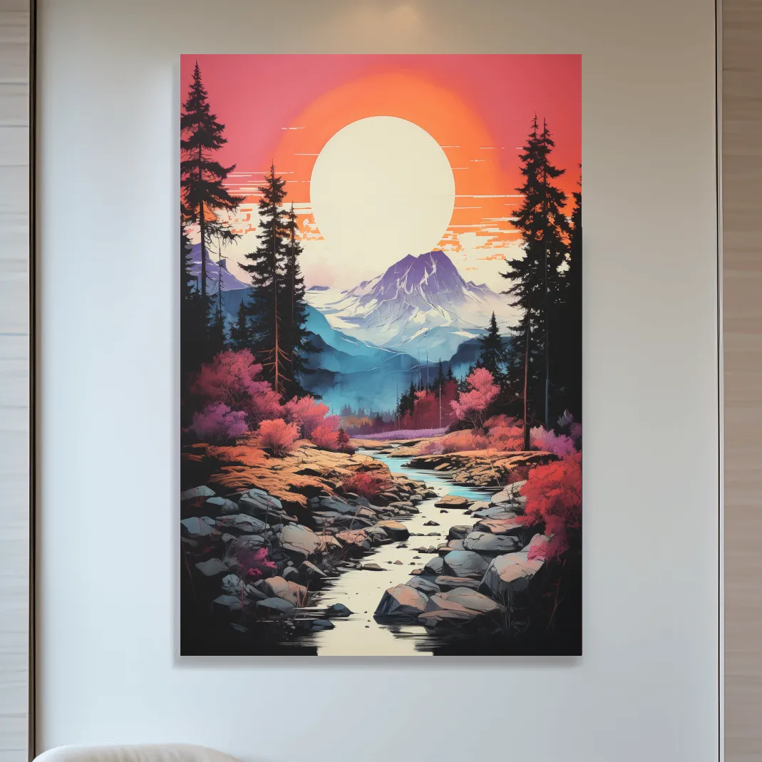 Colorful alpine scene at sunset, illustration