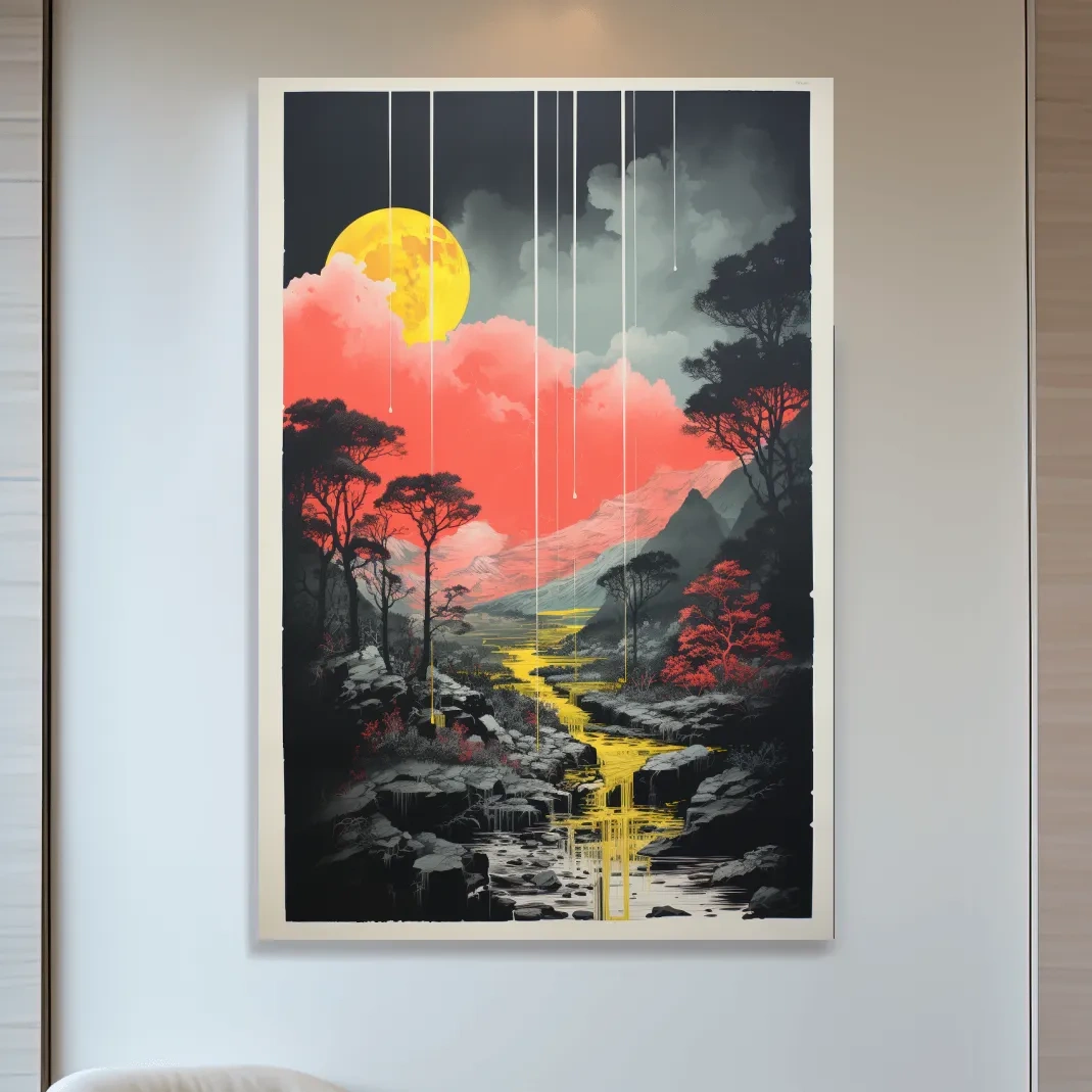 River running through the mountains, colourful illustration