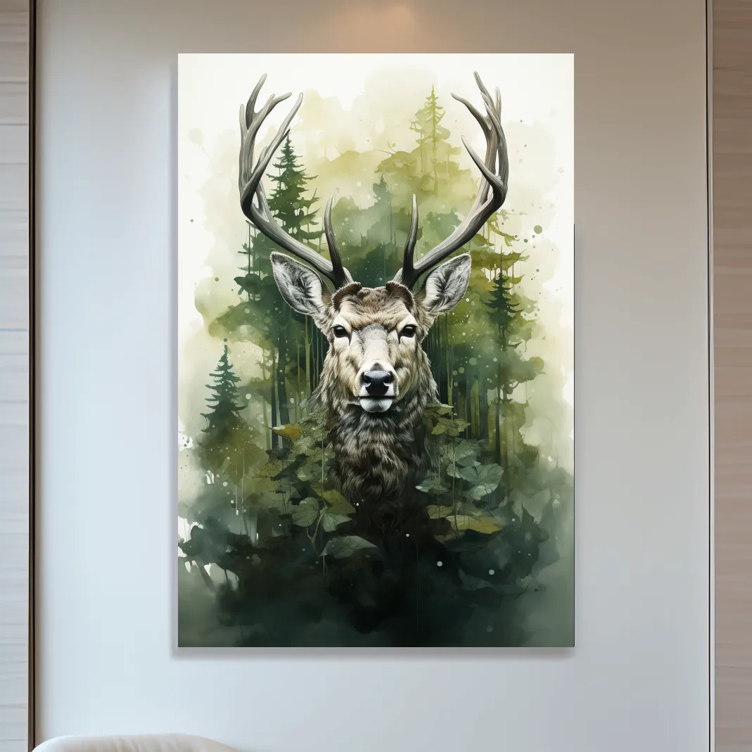 Watercolour painting, deer head in the foliage