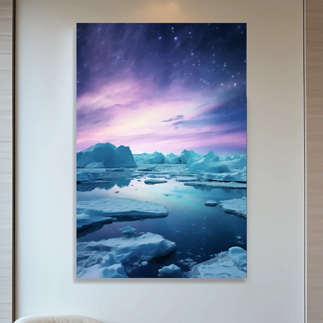 Surreal photography, purple northern lights over the arctic ice
