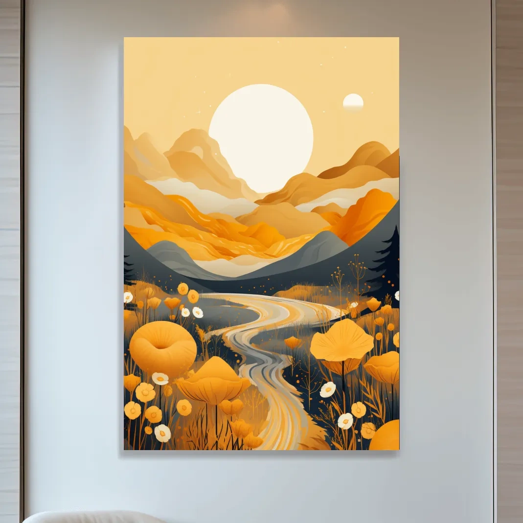 Bright illustration, river running through the meadows