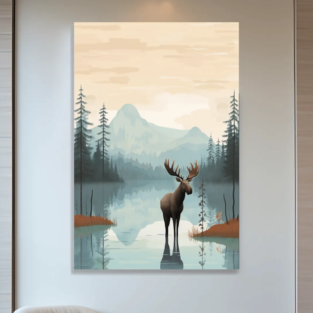 Moose Mountain Lake Illustration - Nursery Forest Mountain Wall Art