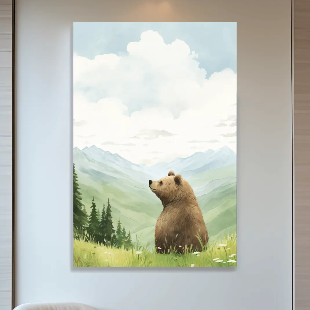 Illustration of a happy bear sitting in the grass