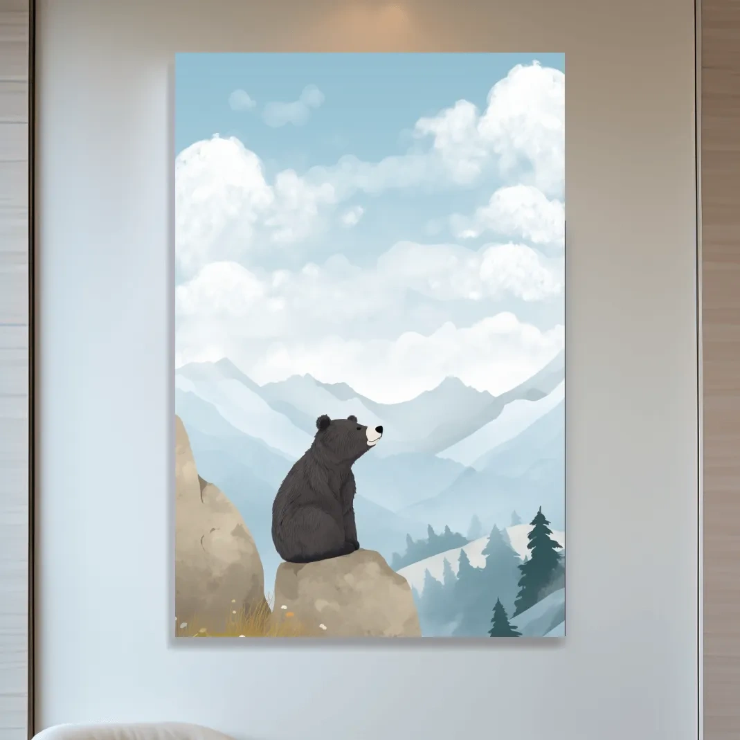 Whimsical Black Bear Mountain Landscape Illustration - Cute Animal Nursery Wall Art