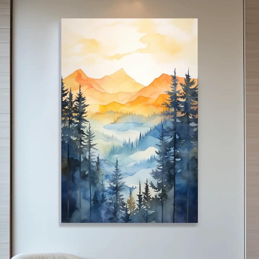 Simple watercolor art painting of alpine mountain scenery