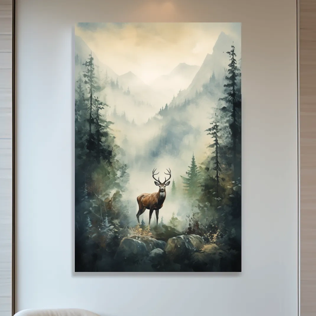 Watercolour painting of a deer standing in a misty forest