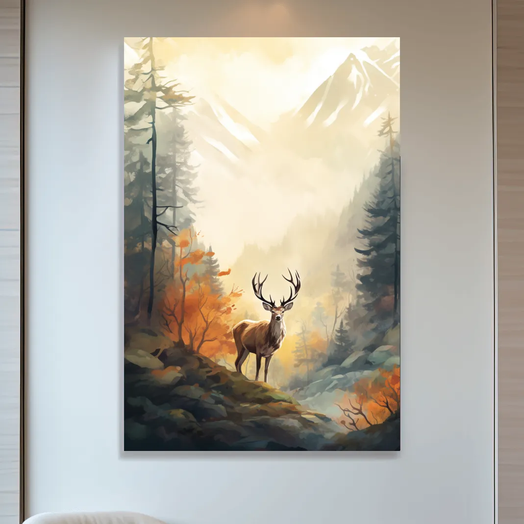 Painting of a deer standing in an autumn forest