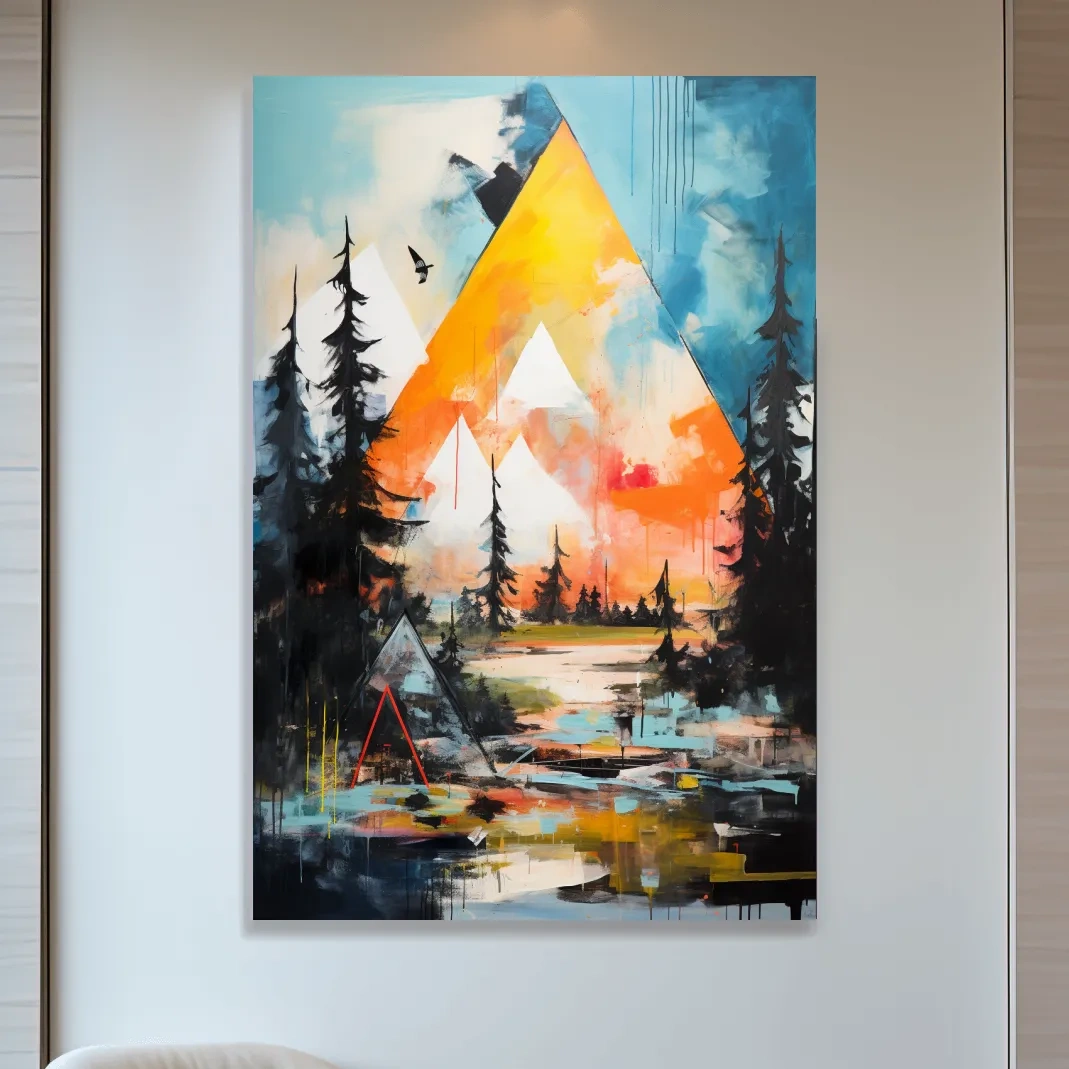 Vibrant Abstract Mountain Painting - Modern Geometric Alpine Forest Wall Art