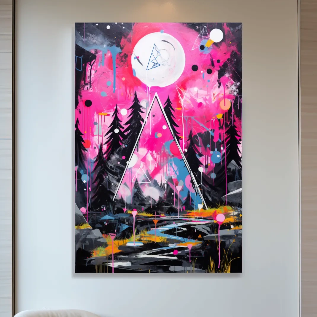 Pink and black abstract energetic art of a forest