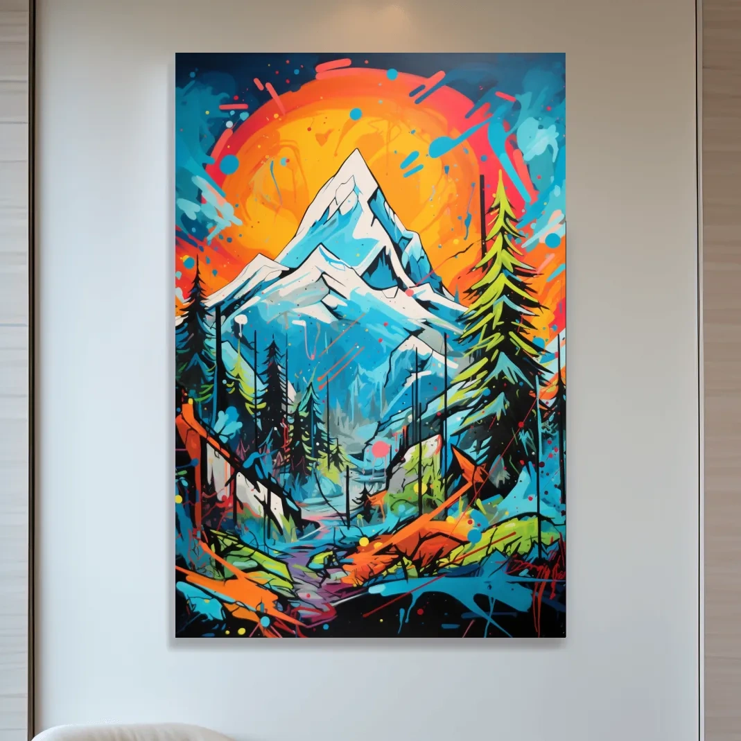 Graffitti inspired art of sunset over a glacier, vibrant wall art
