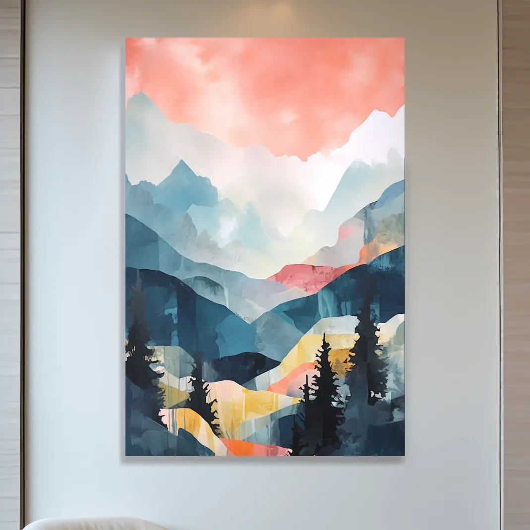 Abstract pastel painting - mountains and trees at sunset