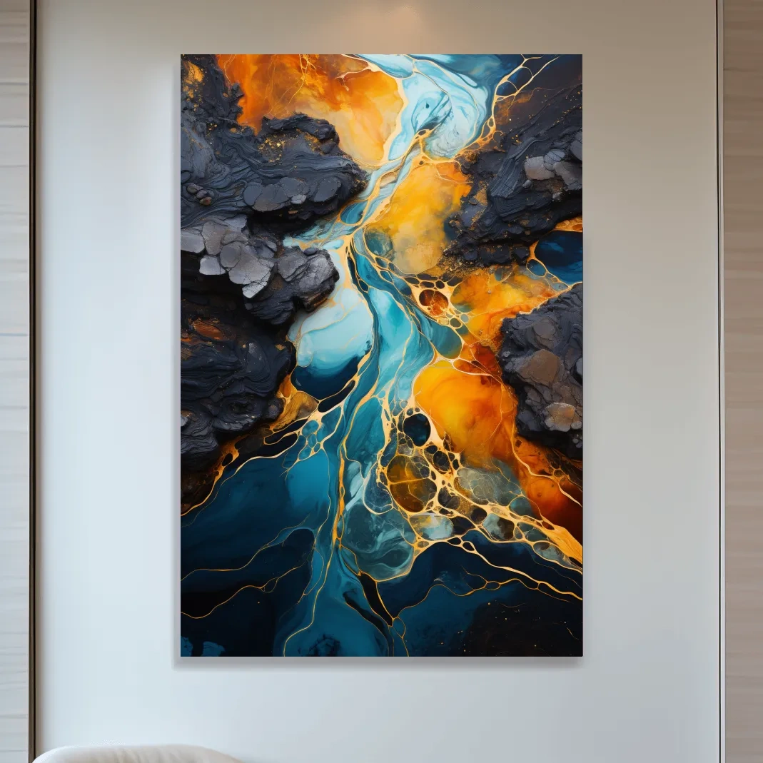 Elegant Gold And Teal Abstract Flowinf River - Alcohol Ink Style Wall Art
