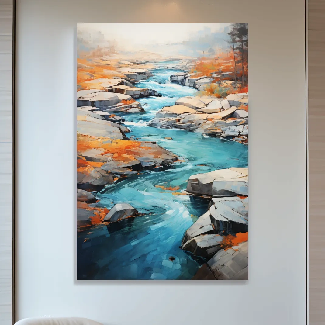 Serene painting of a river flowing through the rocks in fall