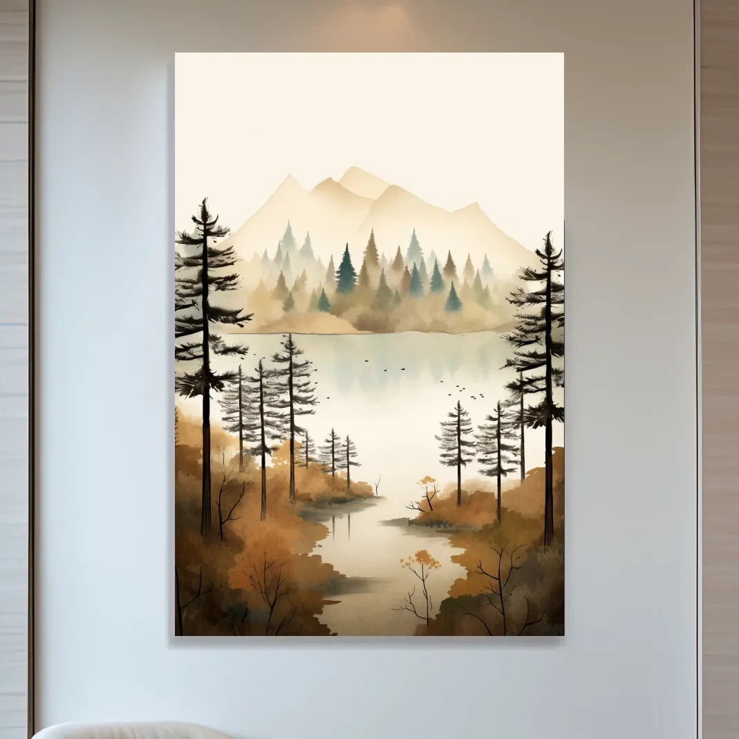 Watercolour landscape art, lakeside forest scenery in fall