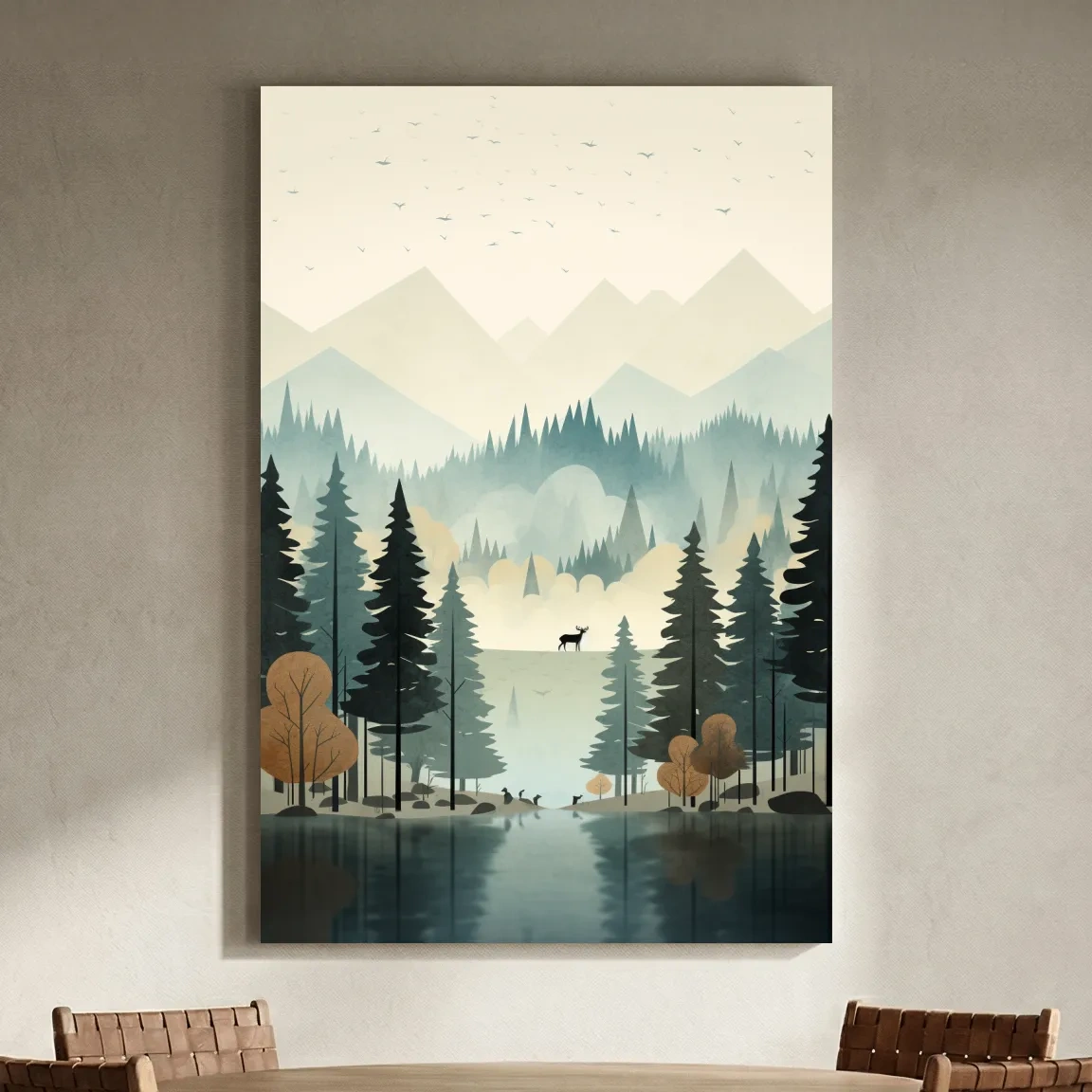 Alpine Lake Forest With Deer - Scandinavian Minimalist Wall Art