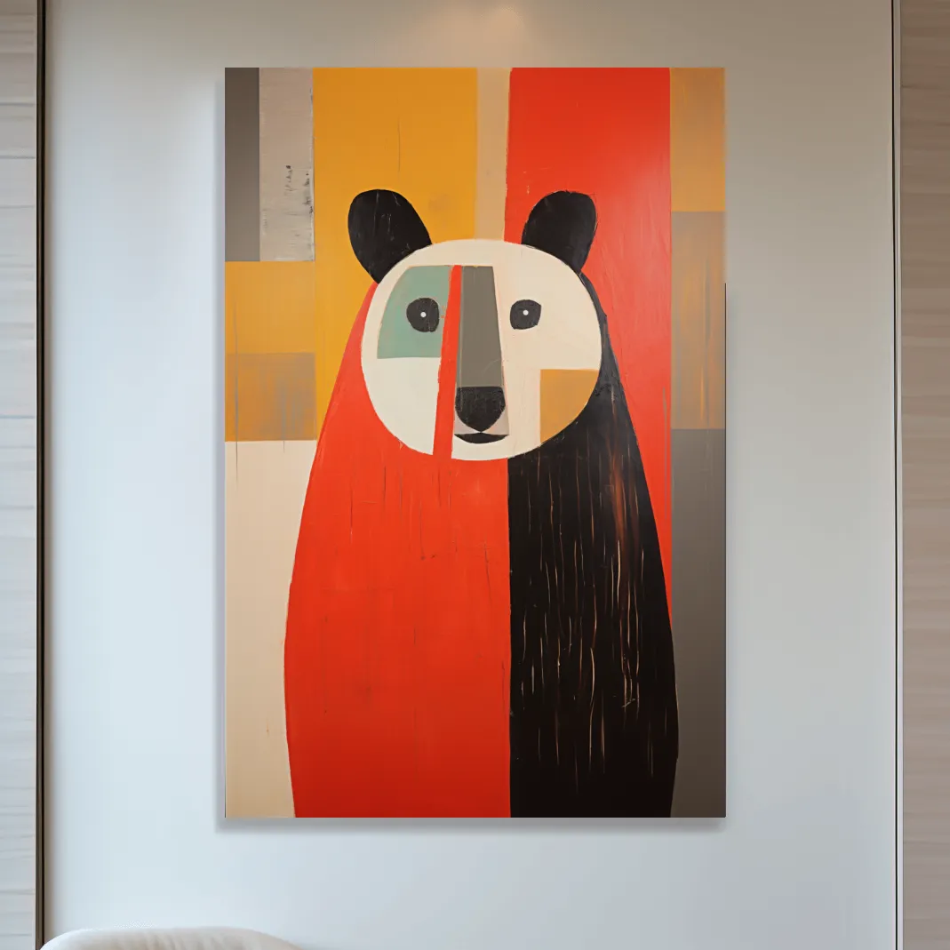 Bold Geometric Bear Portrait Painting - Quirky Abstract Animal Wall Art