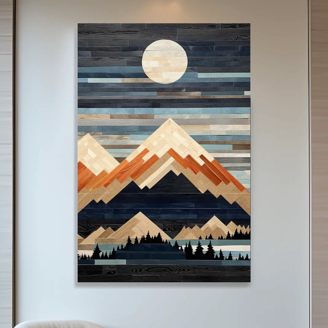 Geometric Wood Mosaic Mountain Range Under Full Moon - Modern Rustic Landscape Wall Art