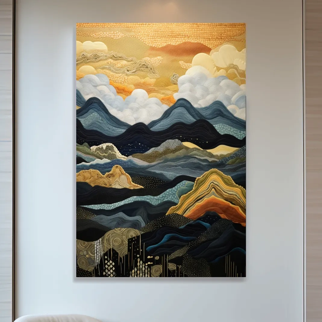 Layered Tapestry Mountain Range Sunrise - Abstract Mixed Media Landscape Wall Art