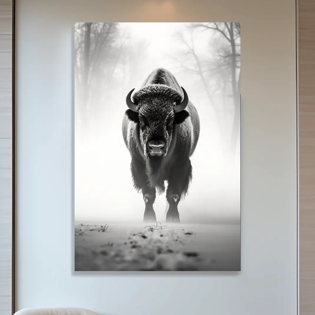 Black and white photo of a bison walking on snow
