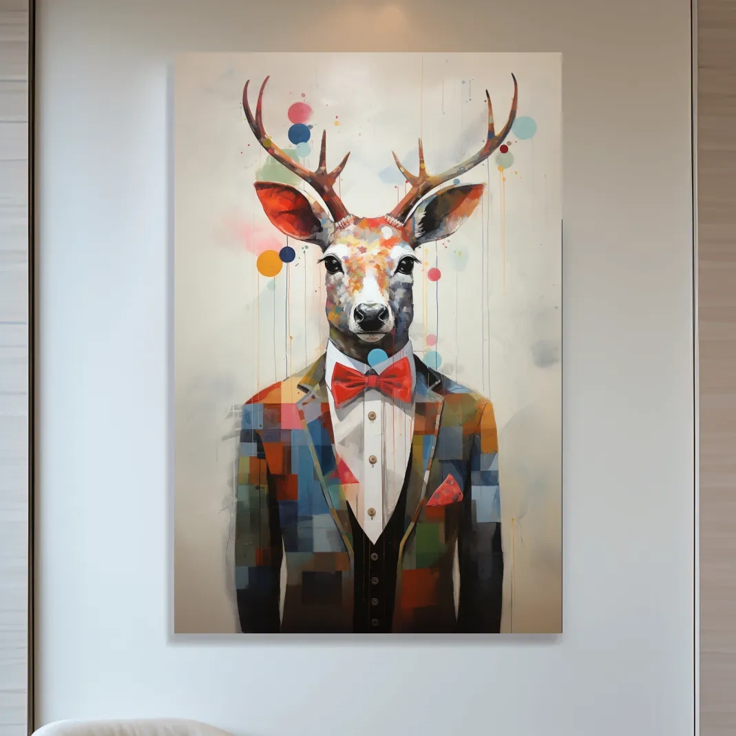 A collage style painting of a deer in a tuxedo