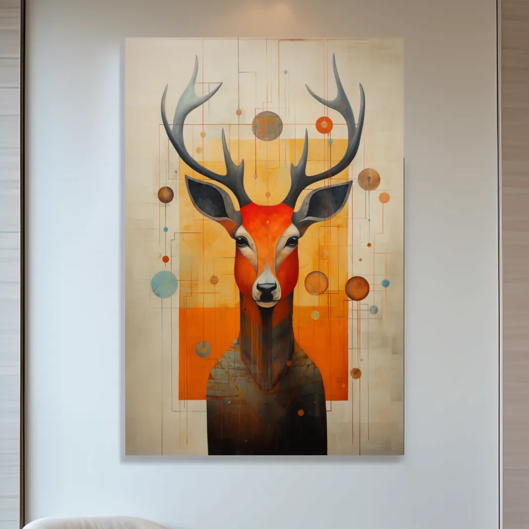 Rustic painting of a deers head with abstract shapes