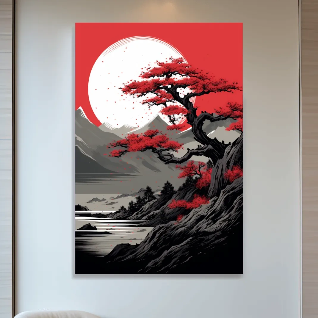 Japanese minimal art, bonsai tree on a cliff