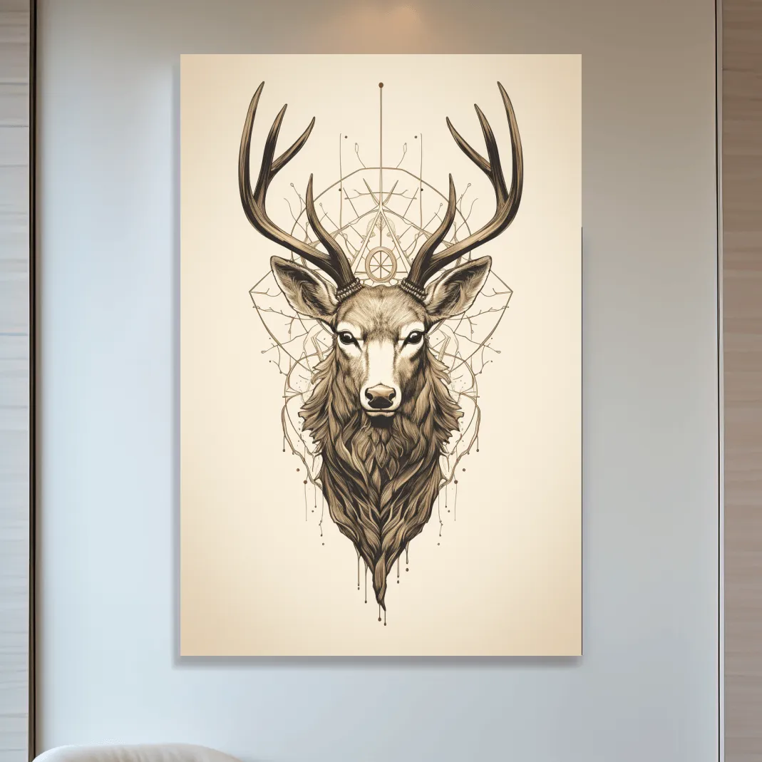 Tattoo style art of an ornamental deer head