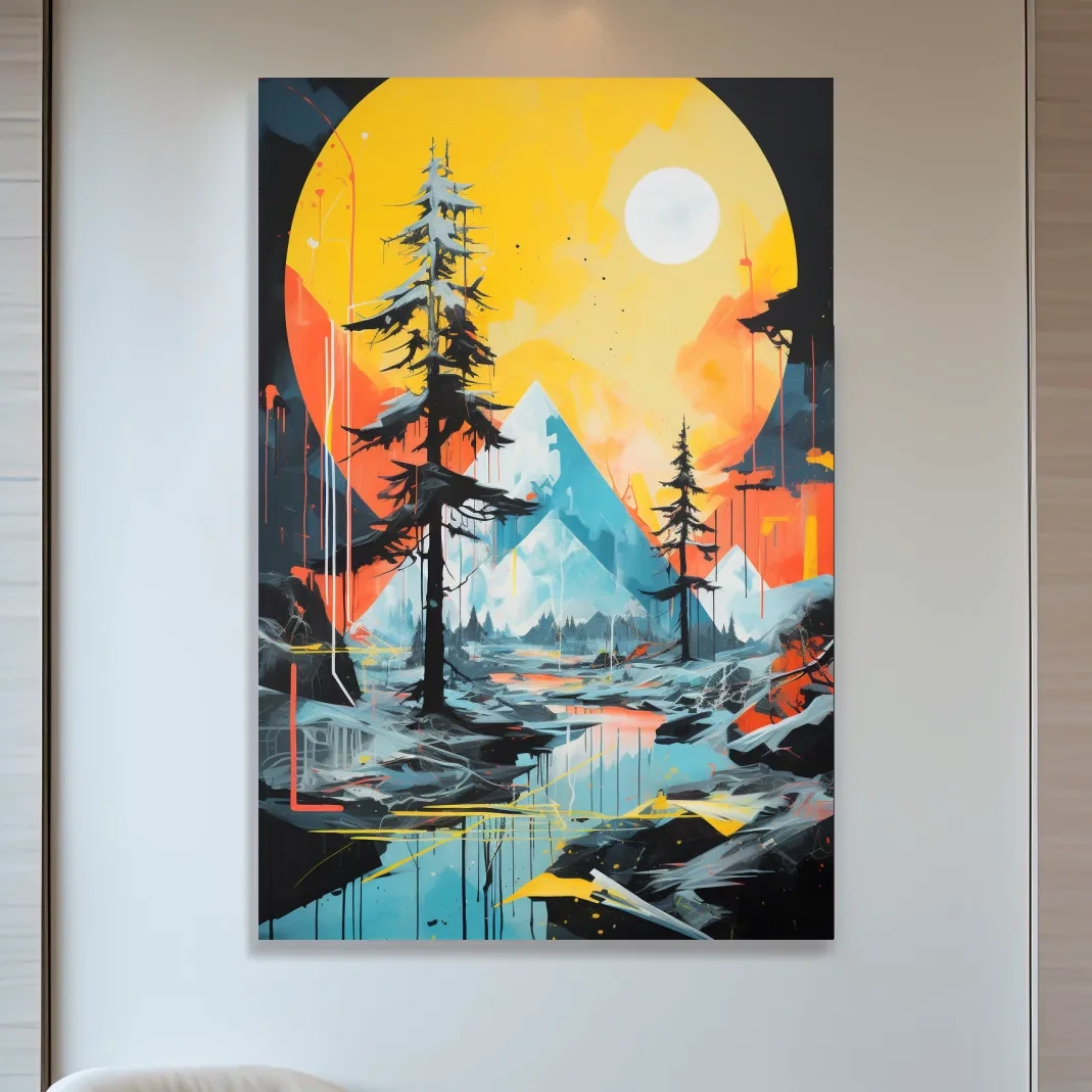 Abstract geometric painting of a glacier alpine landscape at sunset