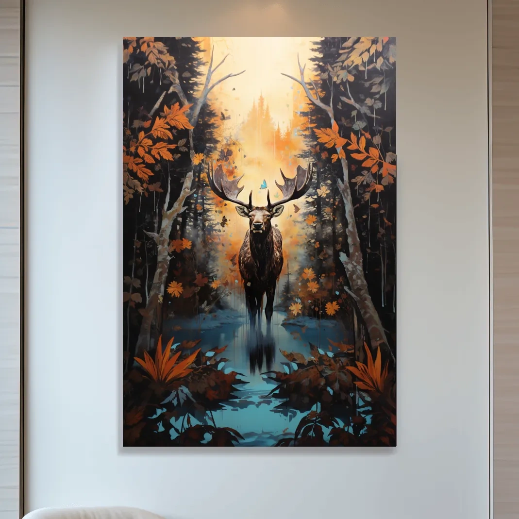 Painting of a moose in the woods in autumn