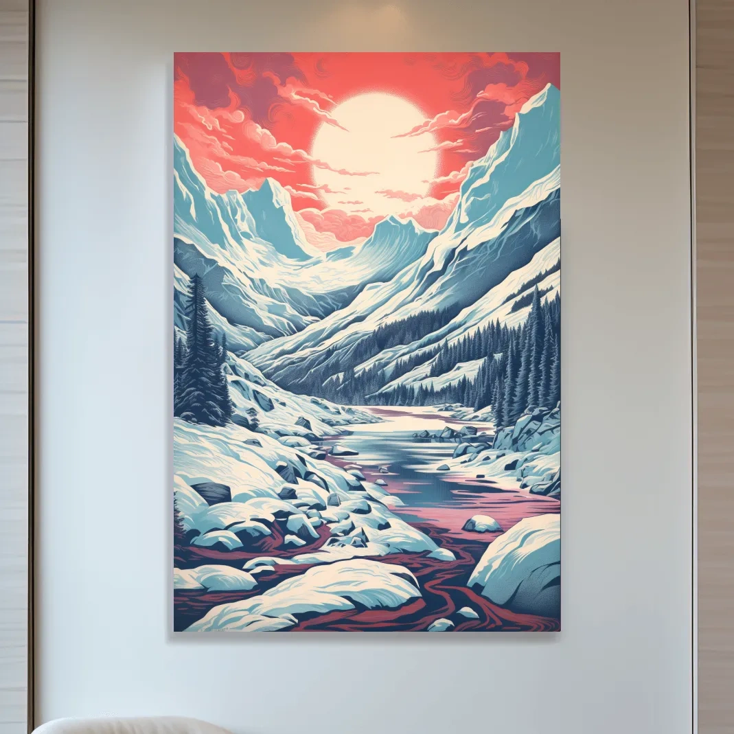 Illustration of an arctic valley at sunset