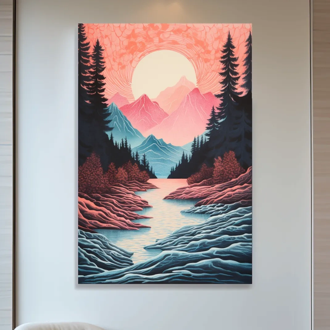 Risograph style illustration of an alpine valley at sunset