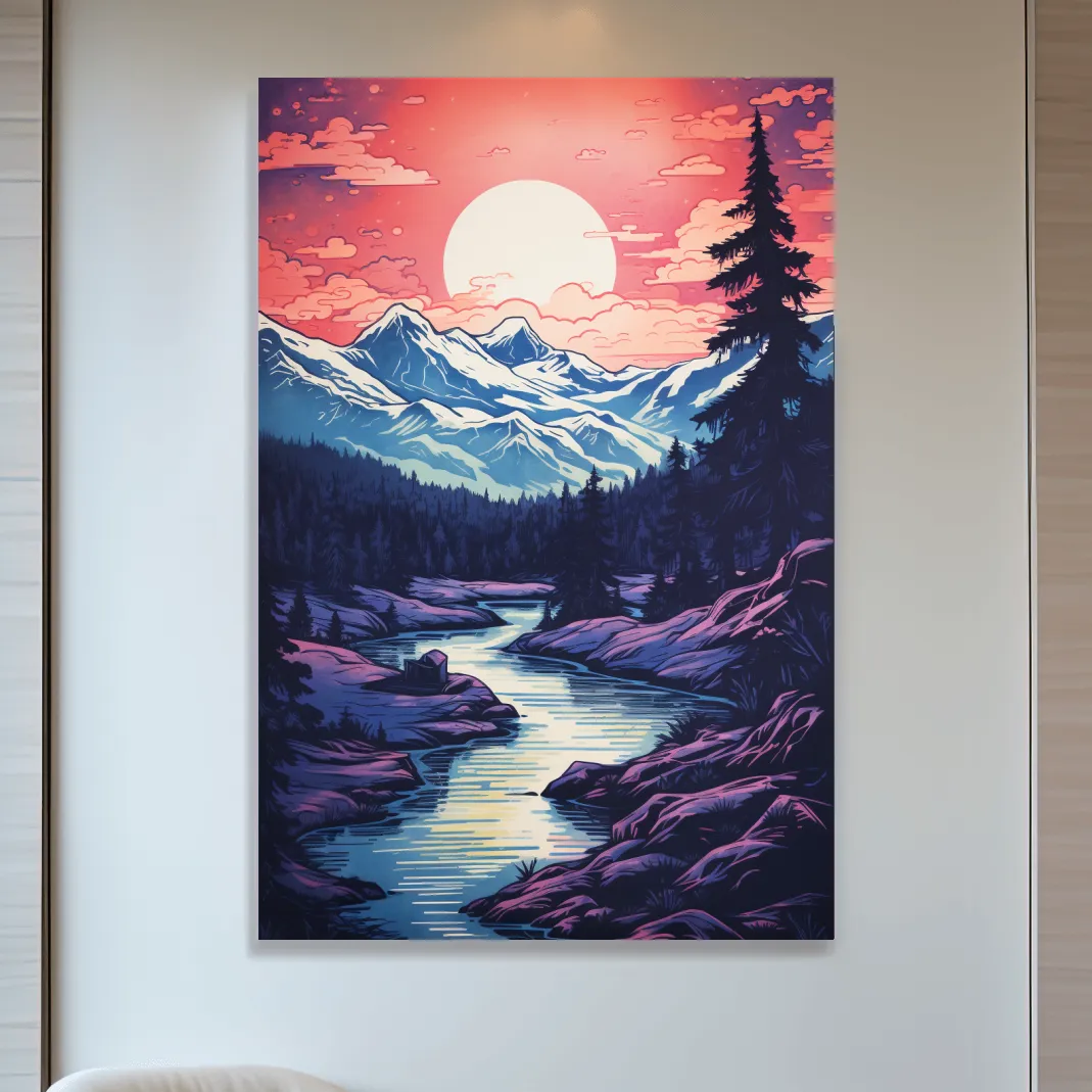 Surreal illustration of sunset over a glacier alpine scene